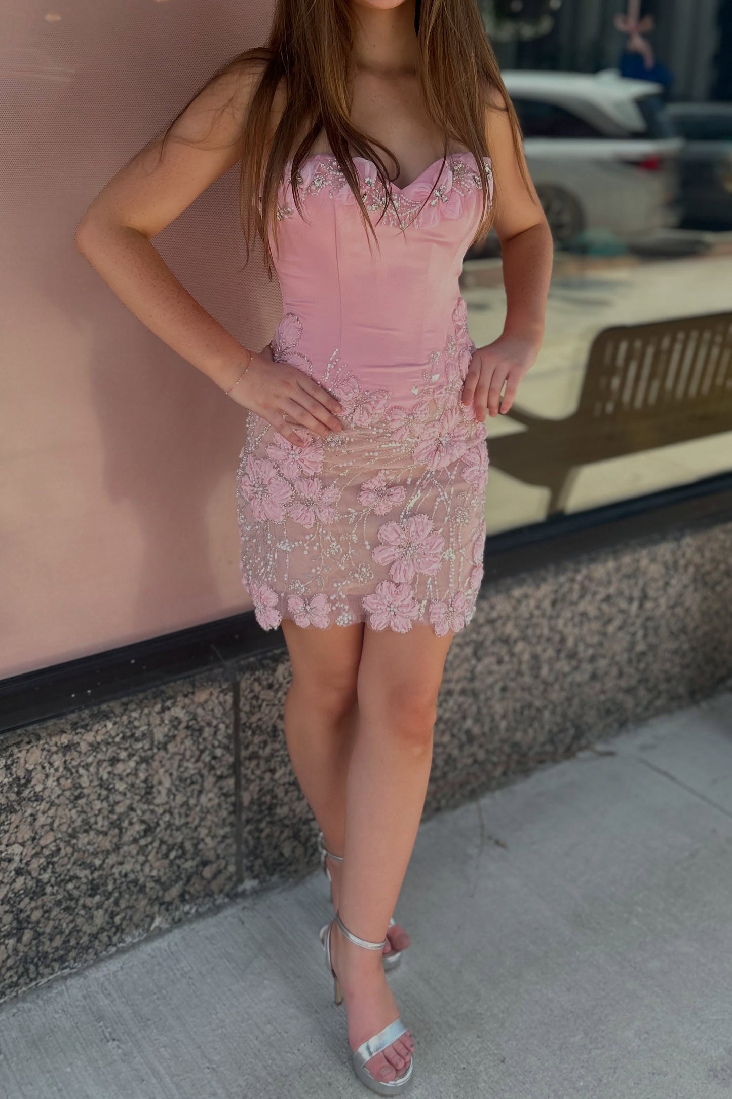 Strapless Floral Beaded Mini Dress with Sweetheart Neckline