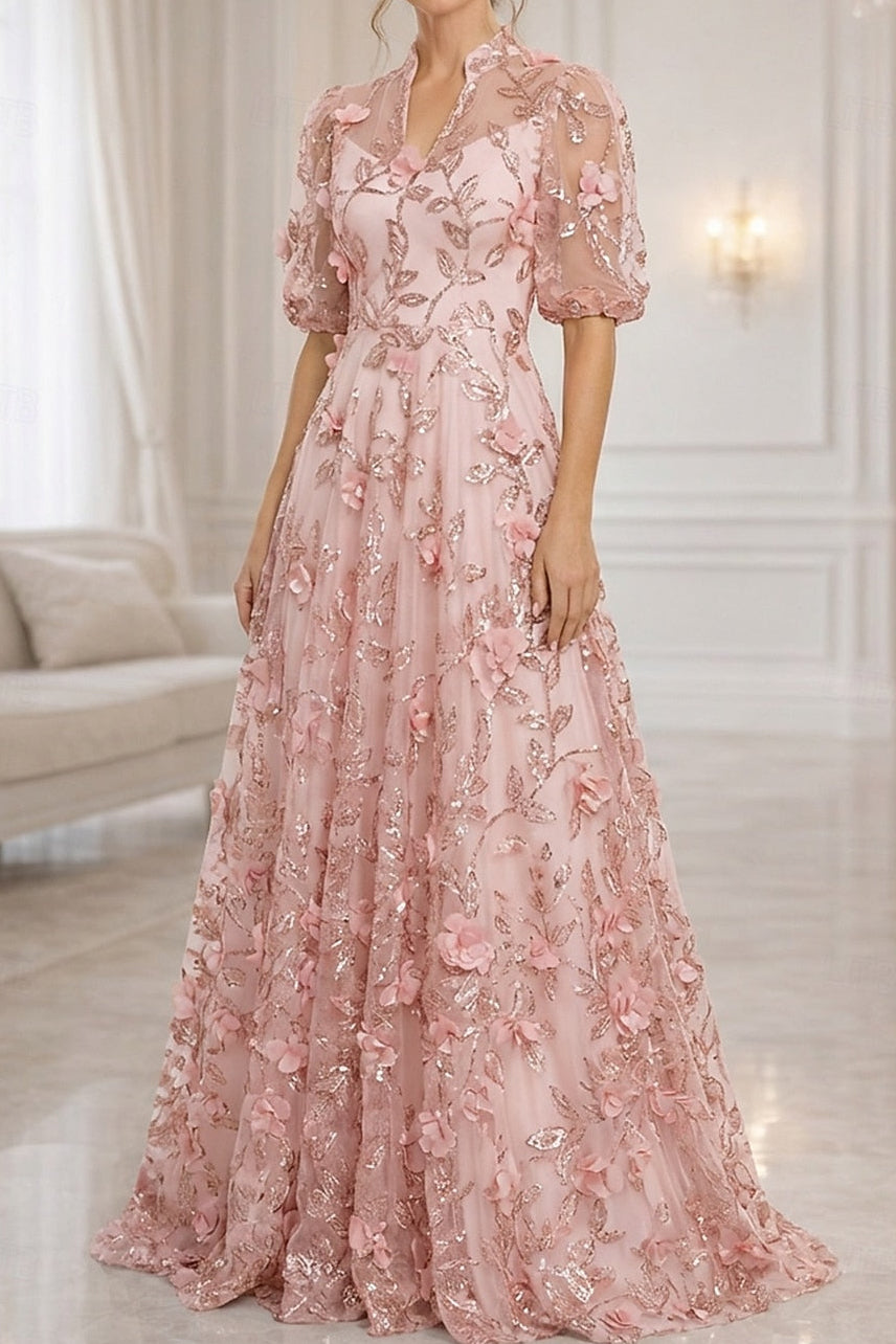3D Floral Applique A-Line Gown with Puff Sleeves