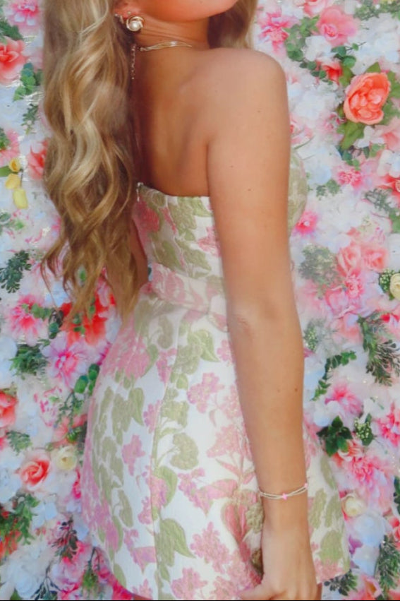 Strapless Floral Jacquard Mini Dress with Belt