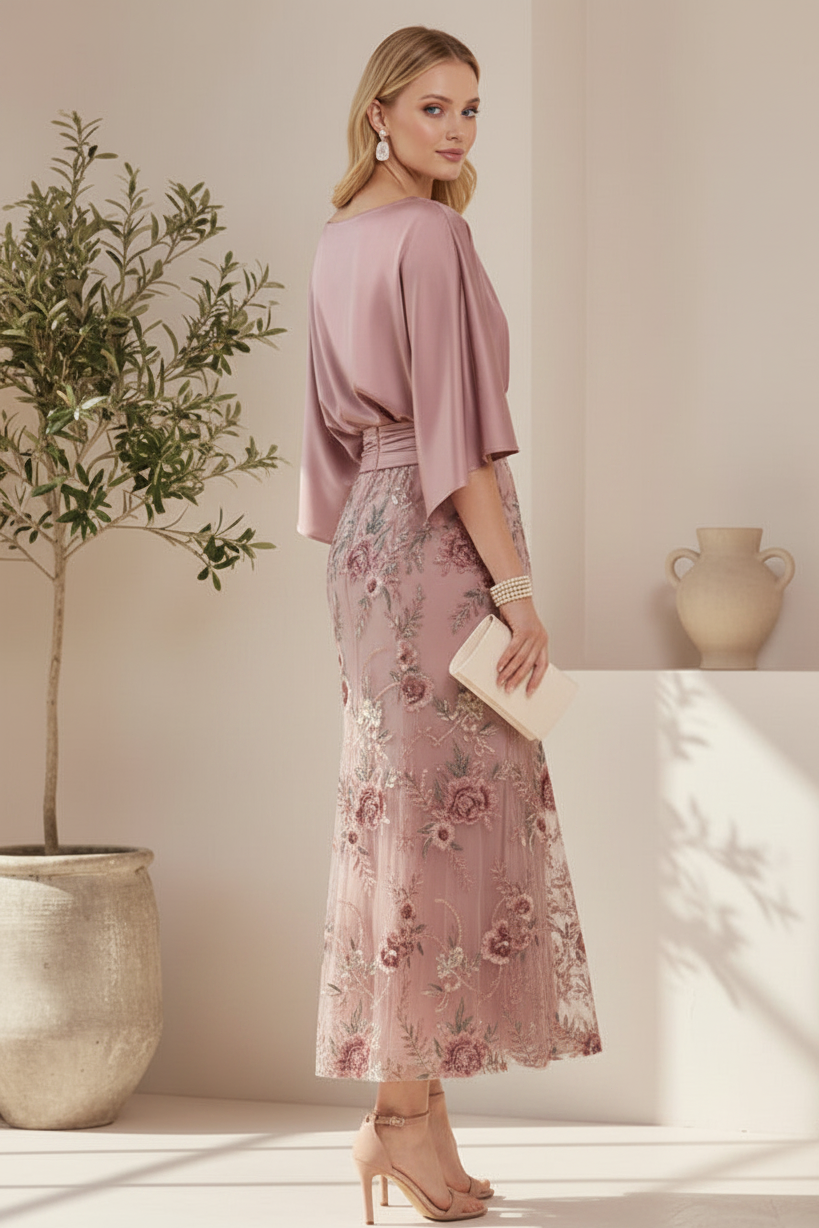 Bateau Neck Satin and Embroidered Lace Dress