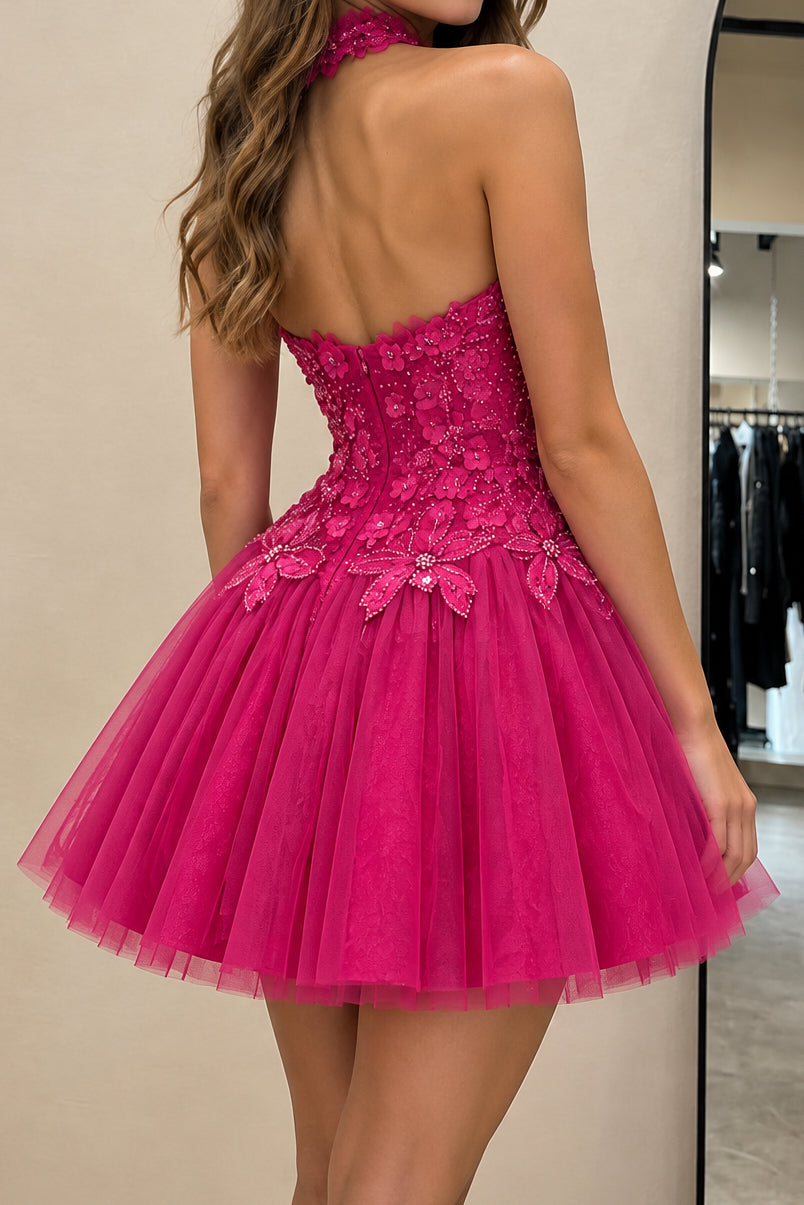 High Neck Beaded Floral Applique Tulle Mini Dress
