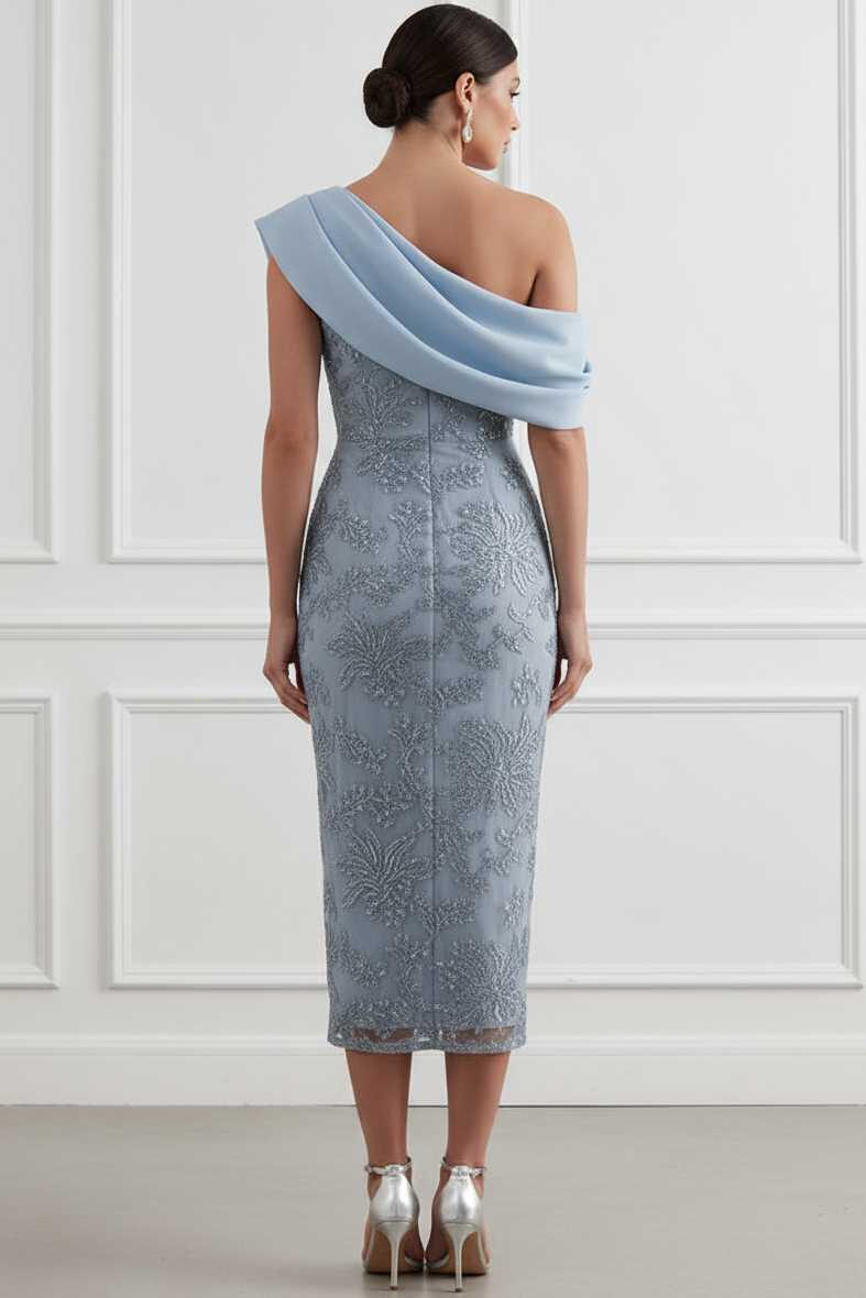 One-Shoulder Embroidered Midi Sheath Dress
