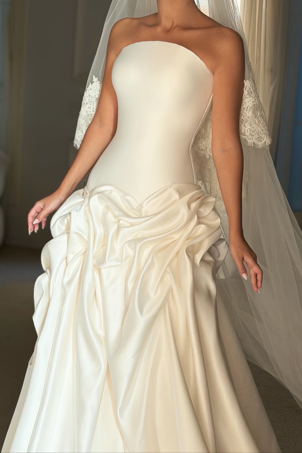 Strapless Ruched Drop Waist Wedding Dress