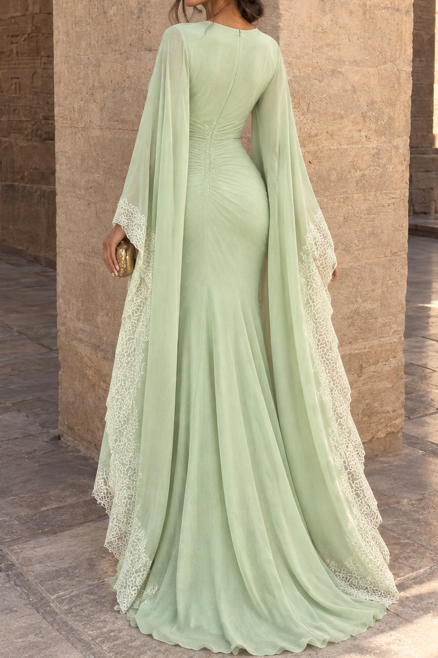 Deep V-Neck Evening Gown with Cape Sleeves