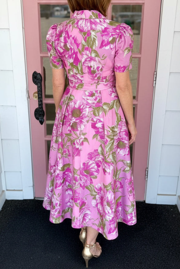Floral Print Belted Shirt Dress with Short Sleeves