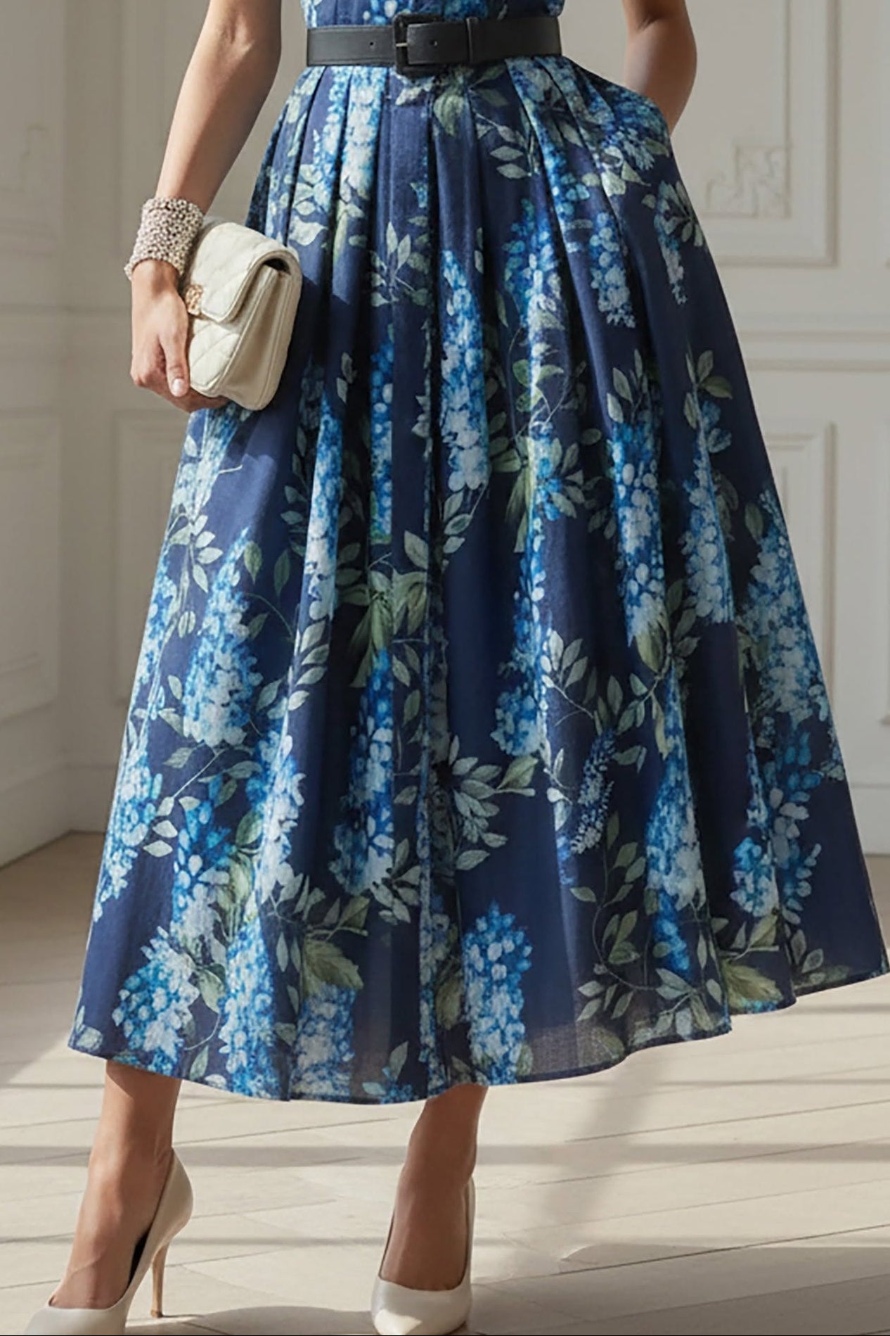 Floral Print Pleated Midi Shirt Dress with Pockets