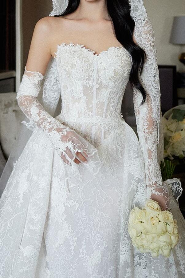 Lace Strapless Wedding Dress with Overskirt