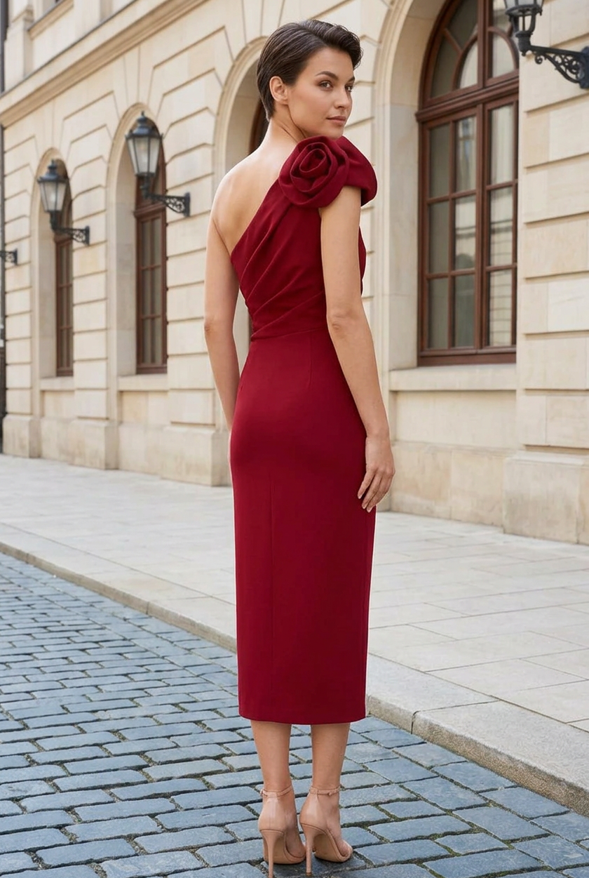 One-Shoulder Rosette Midi Sheath Dress