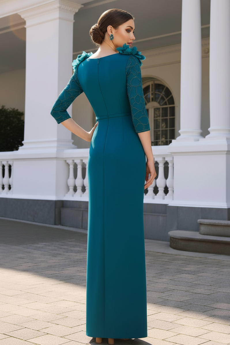 V-Neck Column Gown with 3D Florals & Slit