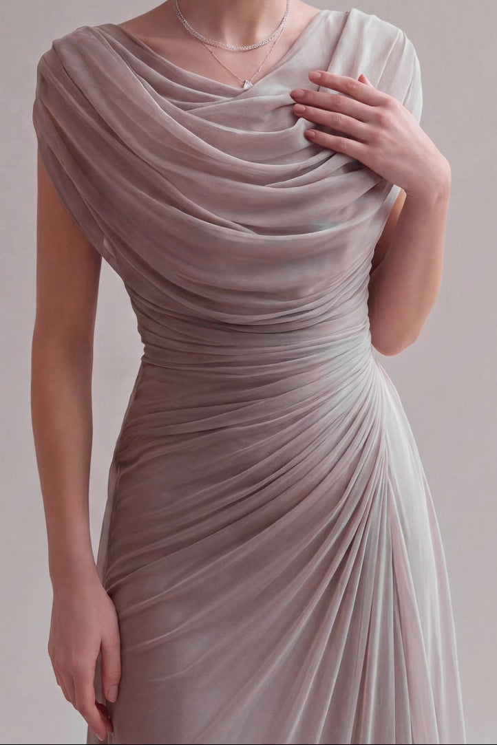 Cowl Neck Ruched Draped Chiffon Evening Gown