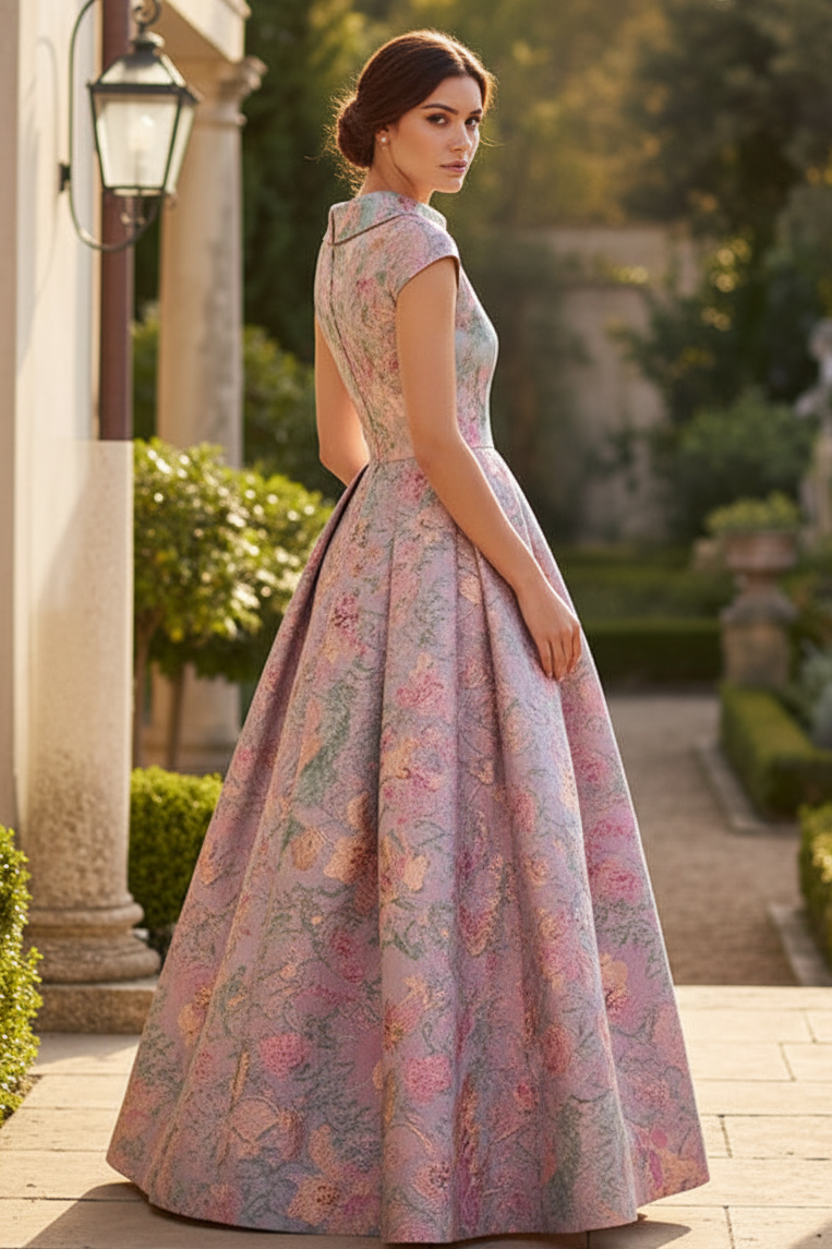 Floral Jacquard Pleated Maxi Dress with Cap Sleeves
