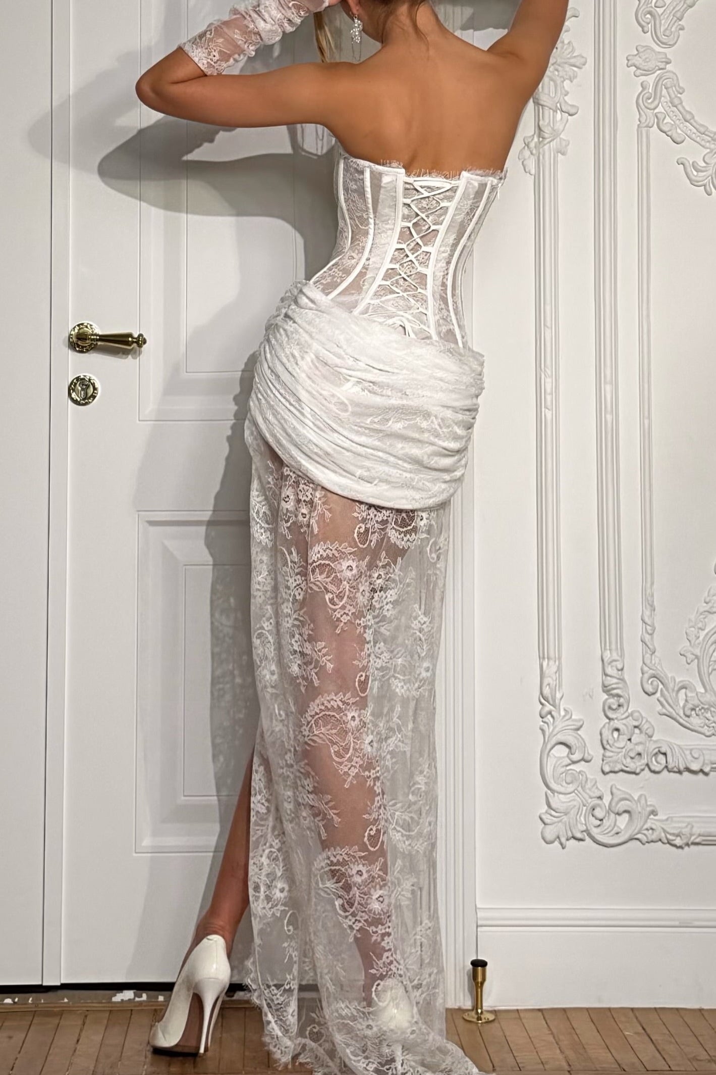 Lace Corset Wedding Dress with High Slit