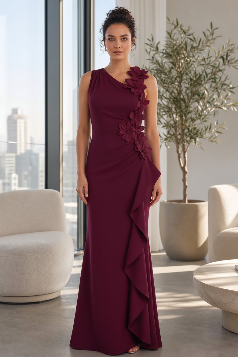 One-Shoulder Floral Appliqué Ruffle Gown