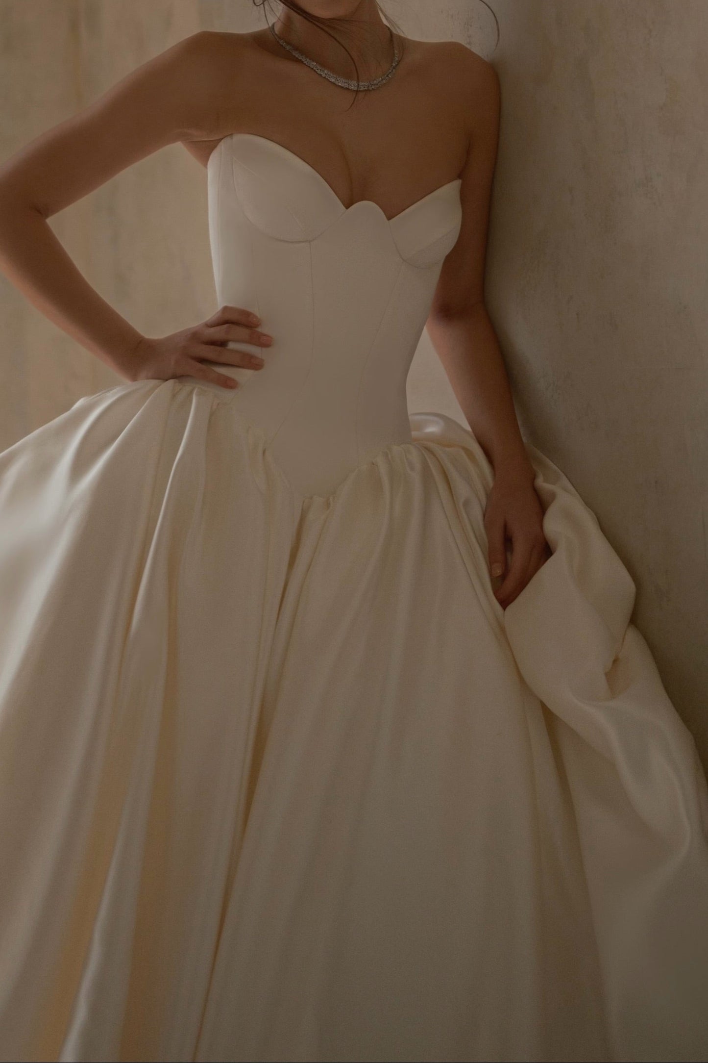 Strapless Basque Corset Satin Ball Gown Wedding Dress