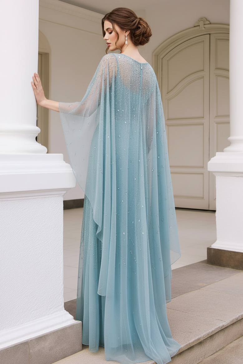 Beaded Cape Sleeve Evening Gown