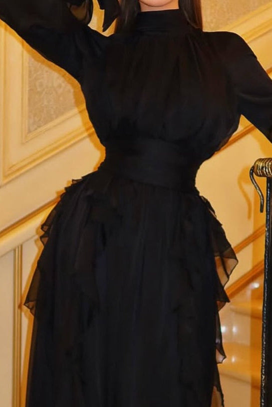 Pleated High Neck Maxi Dress with Ruffles