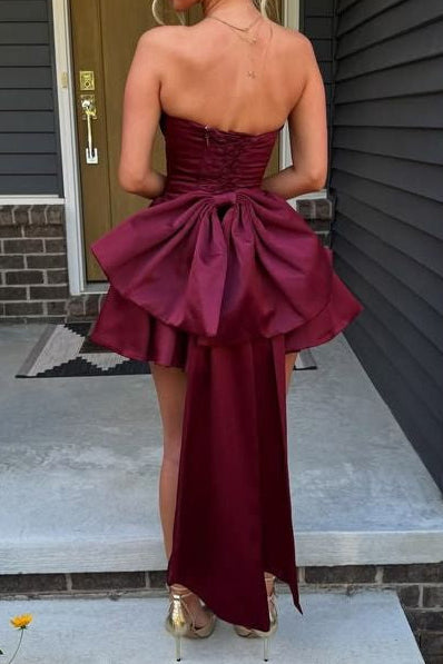 Strapless High-Low Satin Party Dress with Bow
