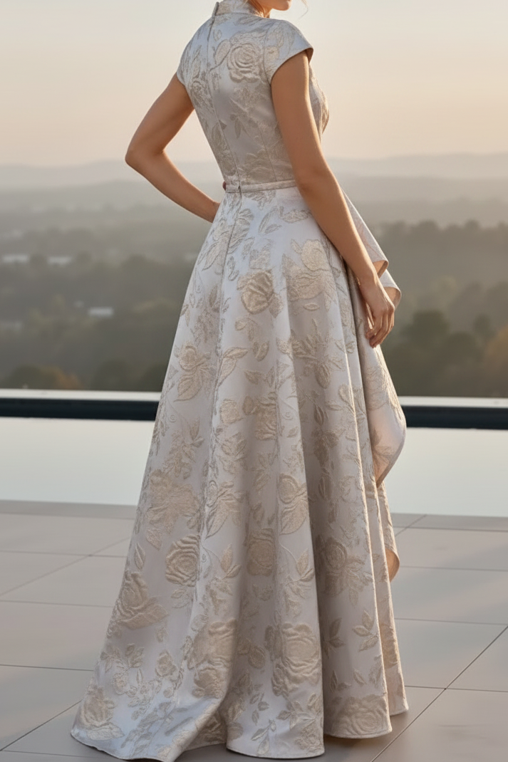 Jacquard Collared V-Neck Gown with Side Draping
