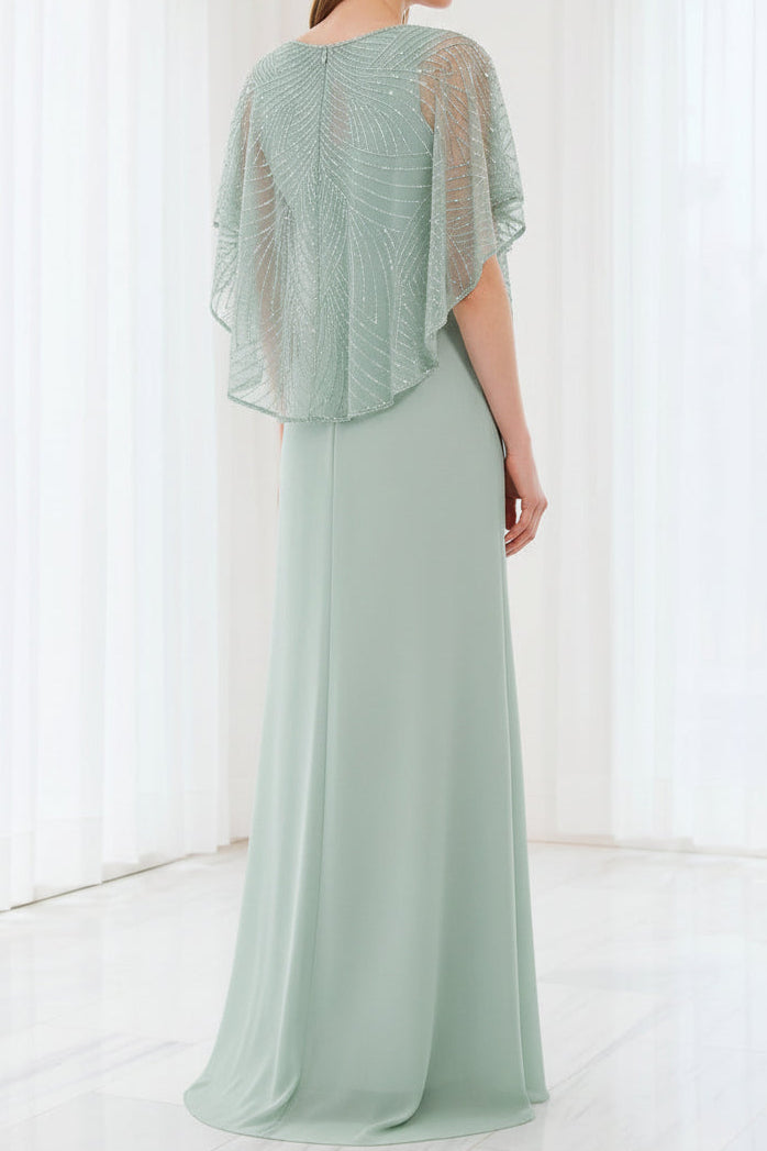 Beaded Capelet V-Neck Column Evening Gown