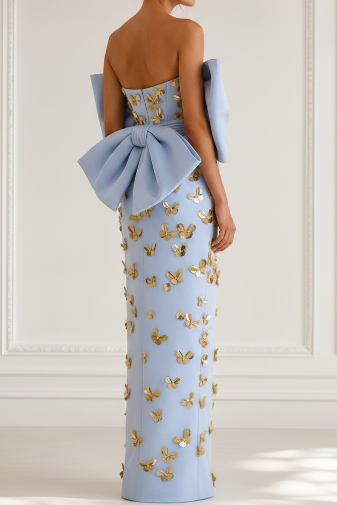 Strapless Column Gown with Oversized Bow and Gold Florals