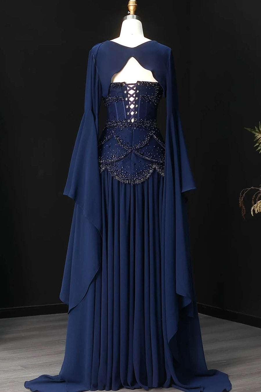 Beaded Corset Evening Gown with Bell Sleeves