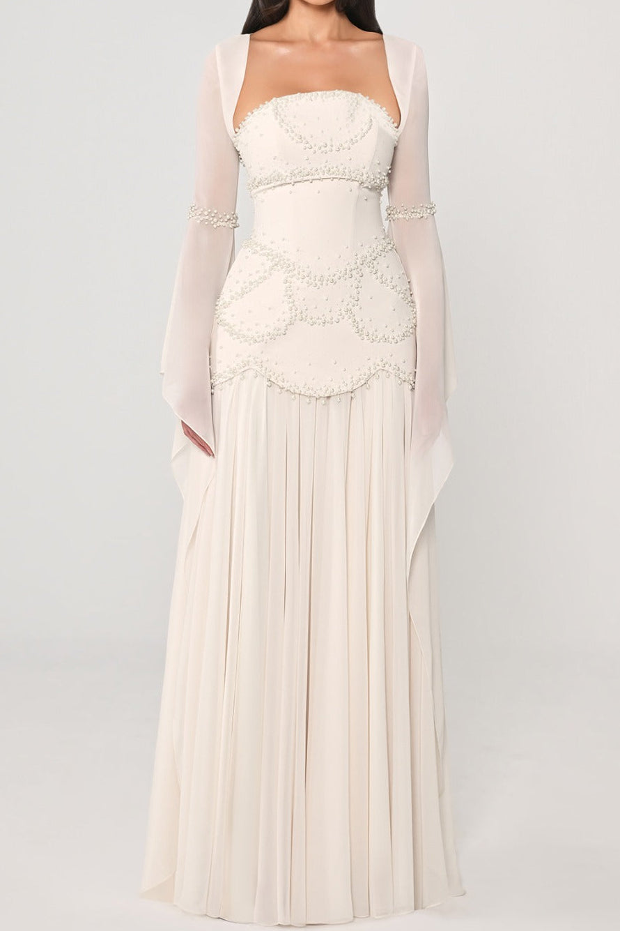 Beaded Drop-Waist Gown with Draped Sleeves