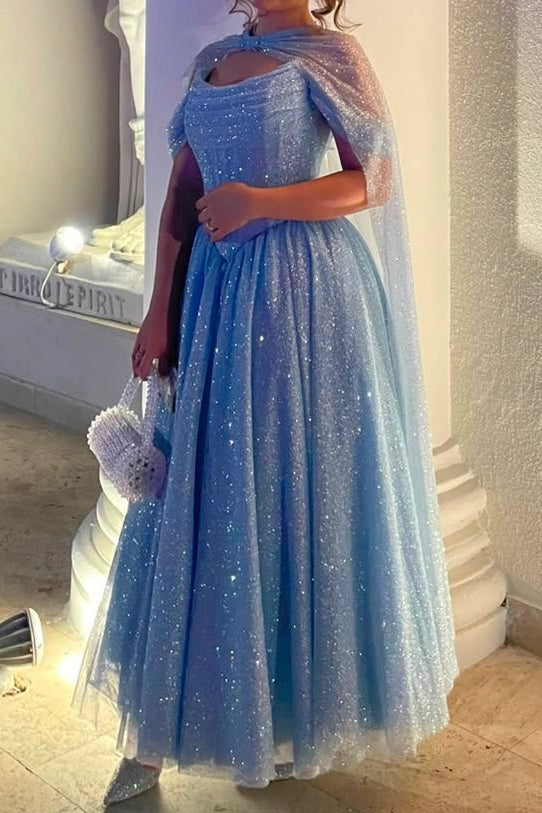 Glitter Tulle Ball Gown with Cape