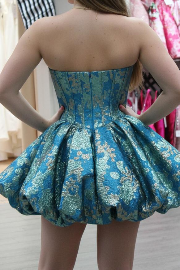 Strapless Metallic Jacquard Bubble Mini Dress