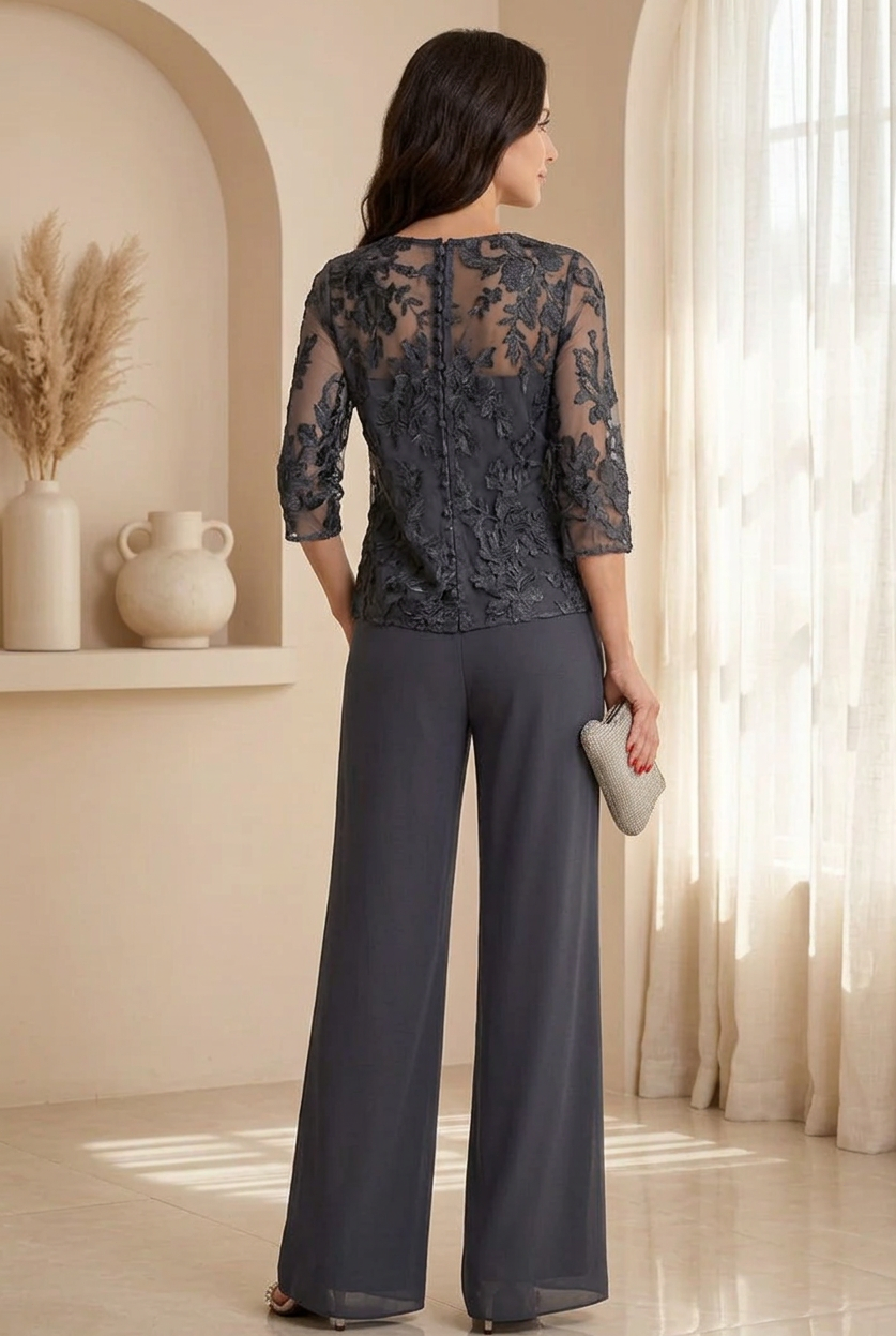 Chiffon Wide-Leg Pantsuit with Floral Lace Top