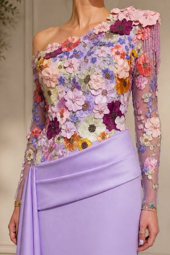 One Shoulder Floral Applique Column Gown