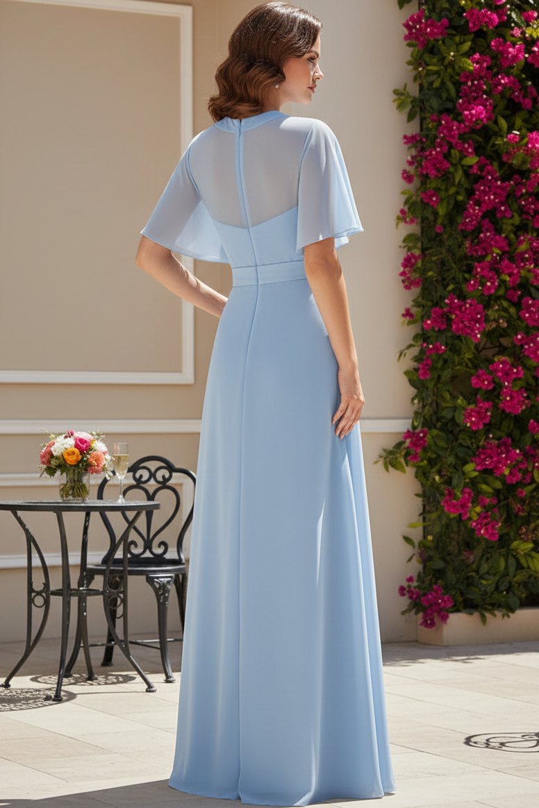 High Neck Illusion Flutter Sleeve Pleated Maxi Dress