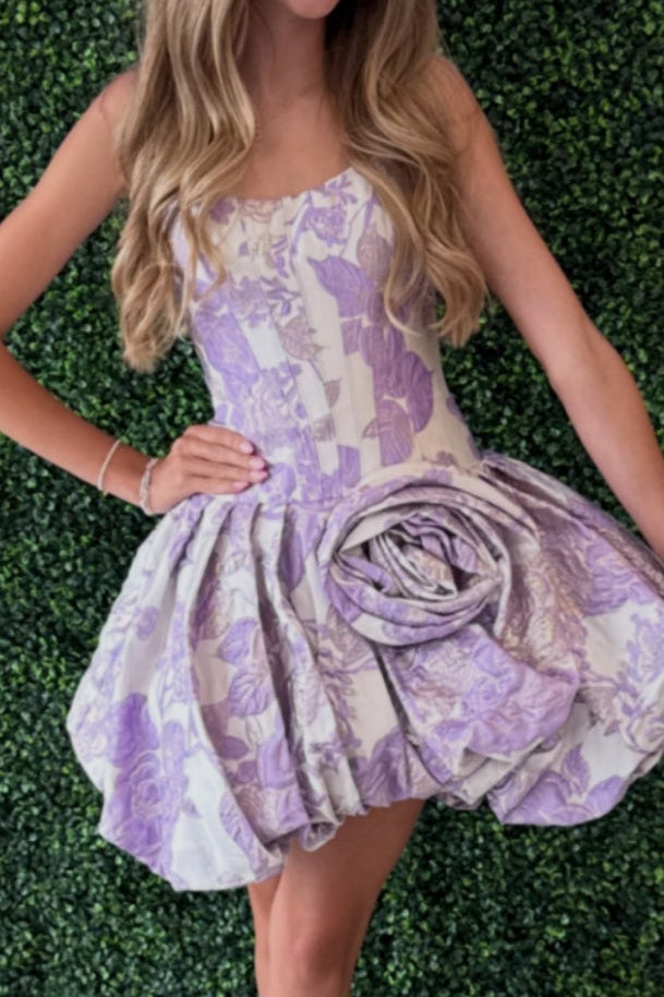 Strapless Jacquard Corset Bubble Dress with 3D Flower
