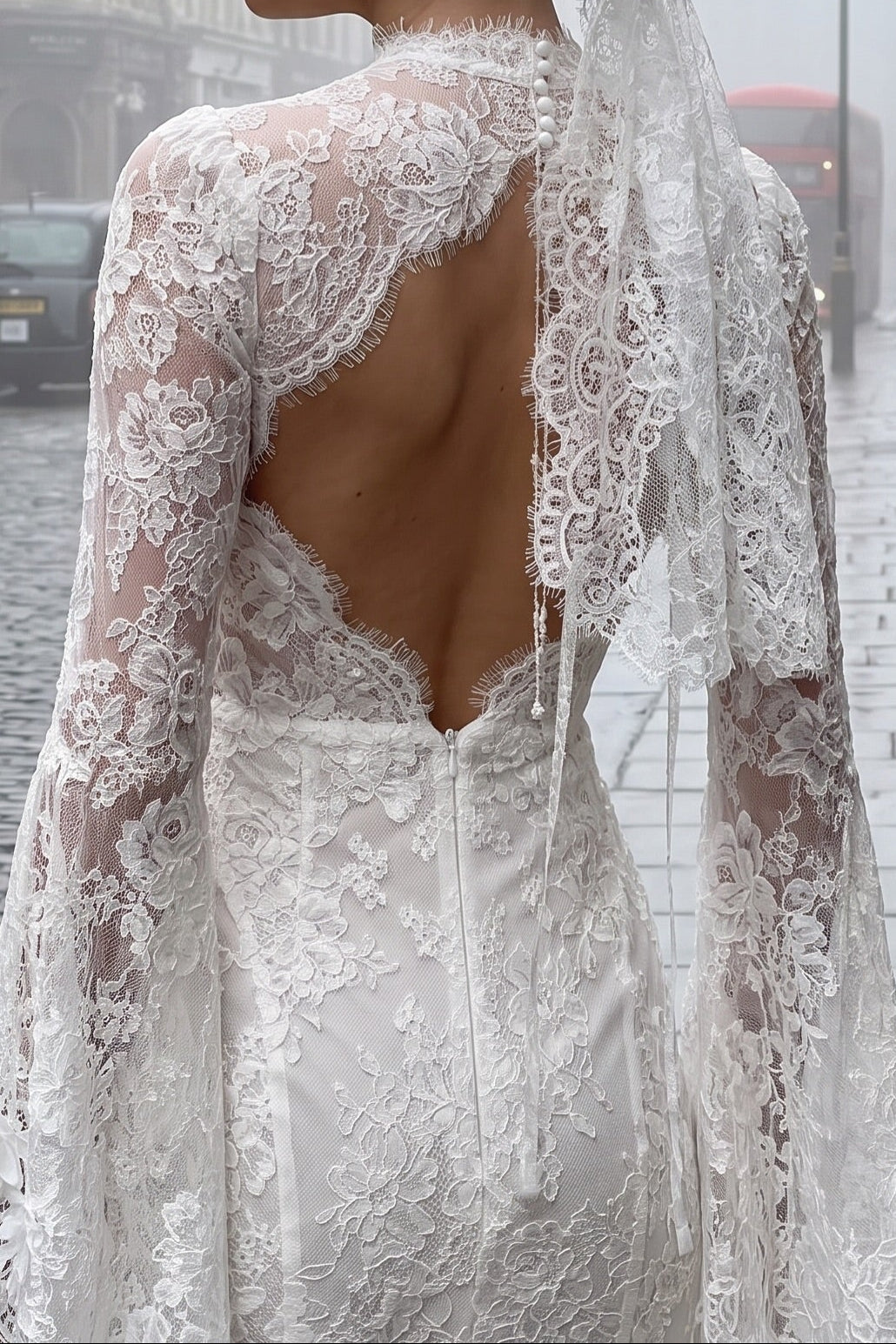 Lace High Neck Bell Sleeve Mermaid Wedding Dress