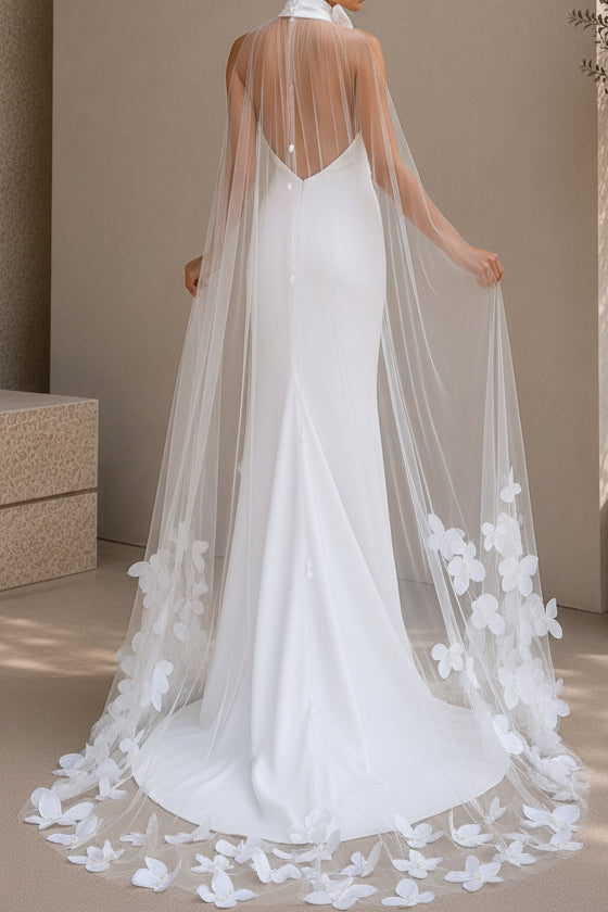 Halter Bow Neck Sheath Gown with Floral Cape Overlay