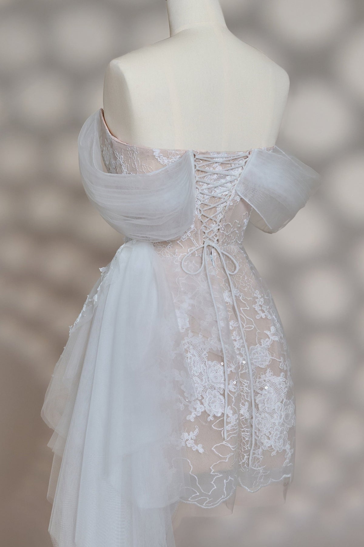 Lace Off-the-Shoulder Mini Dress with Side Train
