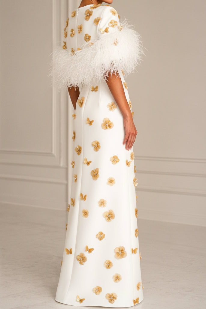 Feather-Trim Gown with 3D Floral and Butterfly Appliques
