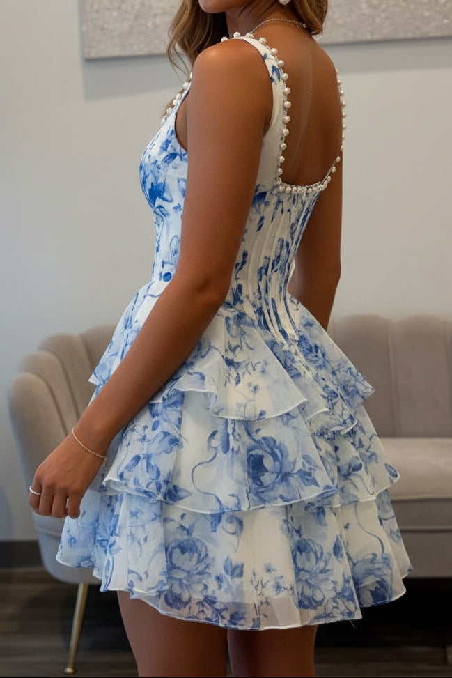 Floral Print Tiered Corset Mini Dress with Pearl Trim