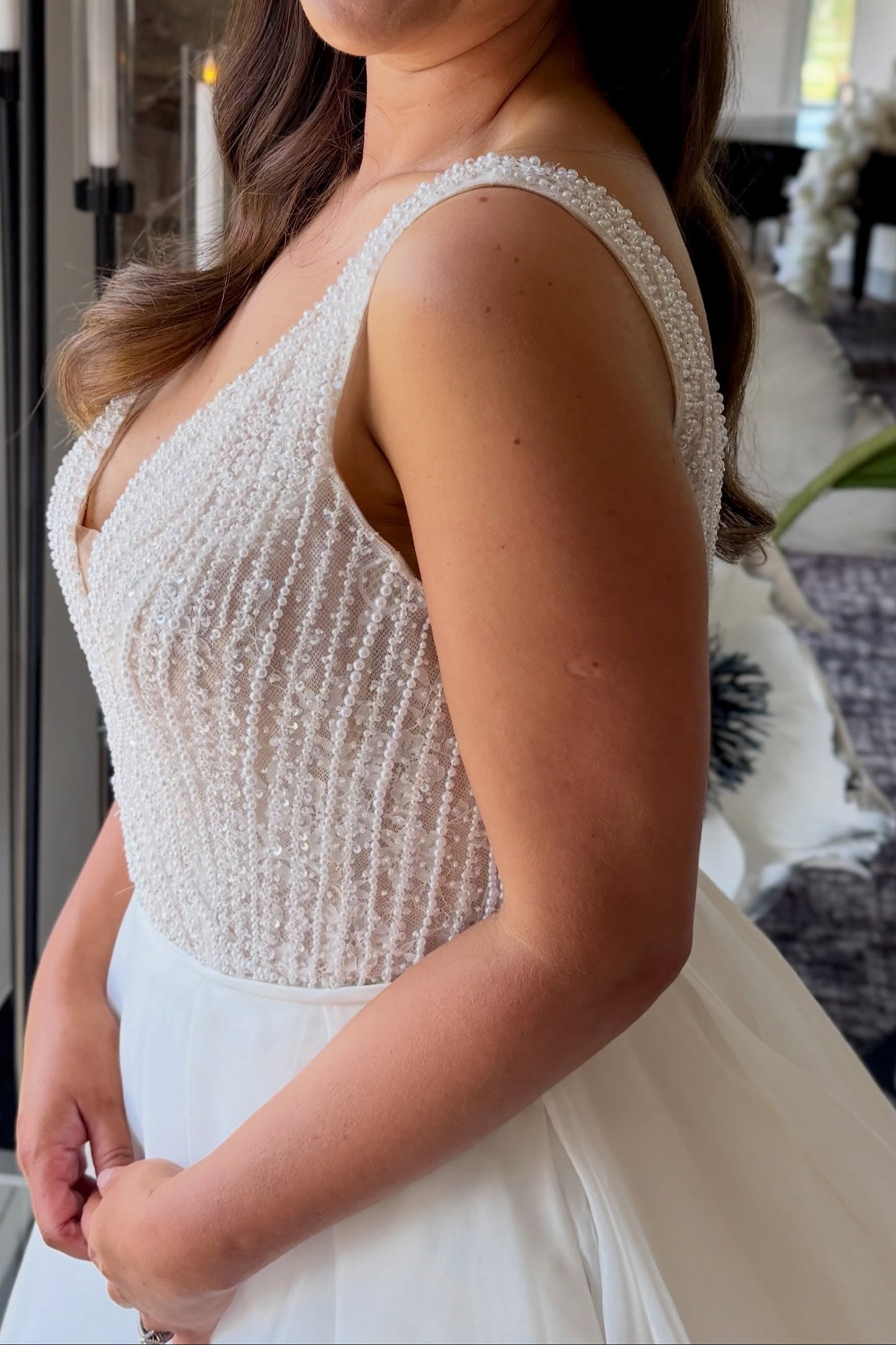 Beaded Bodice A-Line Wedding Dress with Satin Skirt