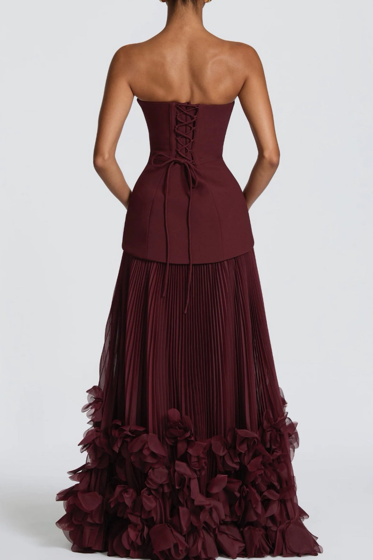 Strapless Pleated Gown with 3D Floral Hem & Scarf