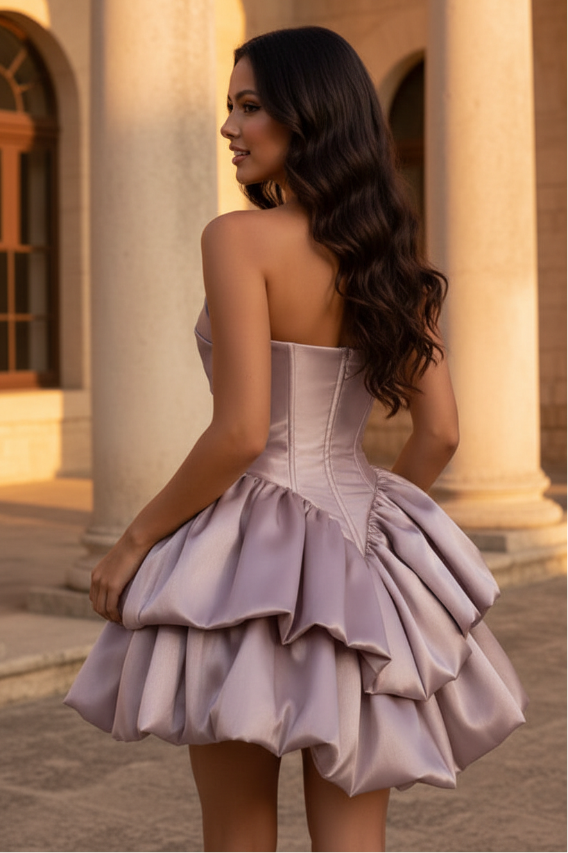 Strapless Tiered Ruffle Satin Mini Dress
