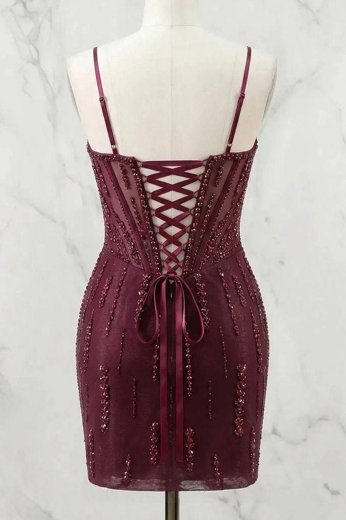 Beaded Corset Mini Dress with Lace-Up Back