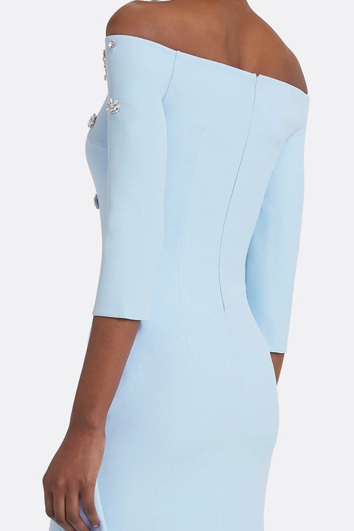 Off-the-Shoulder Beaded Column Gown with Cascading Peplum