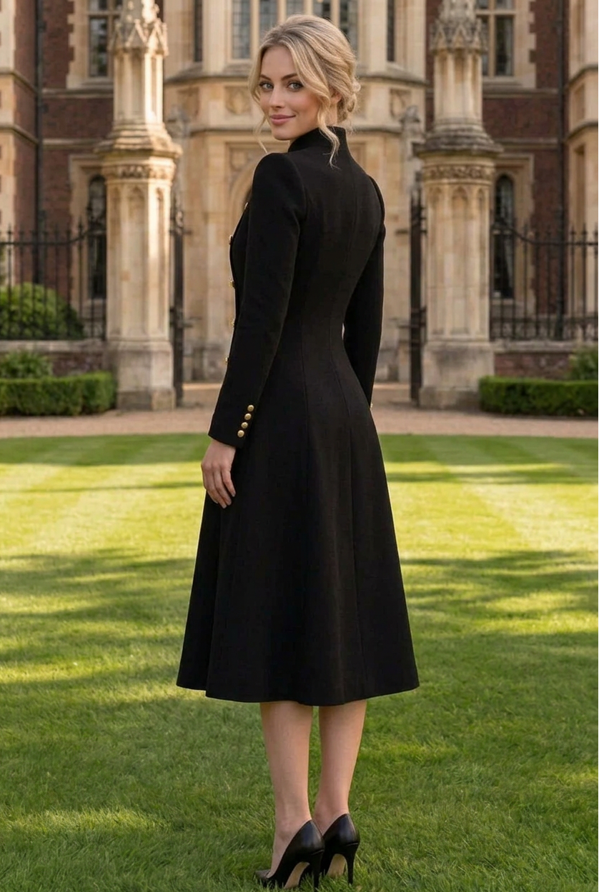 Double-Breasted A-Line Coat Dress with Buttons