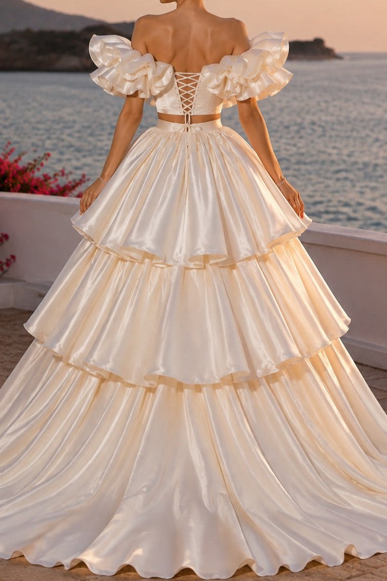 Two-Piece Tiered Ball Gown with Ruffle Crop Top