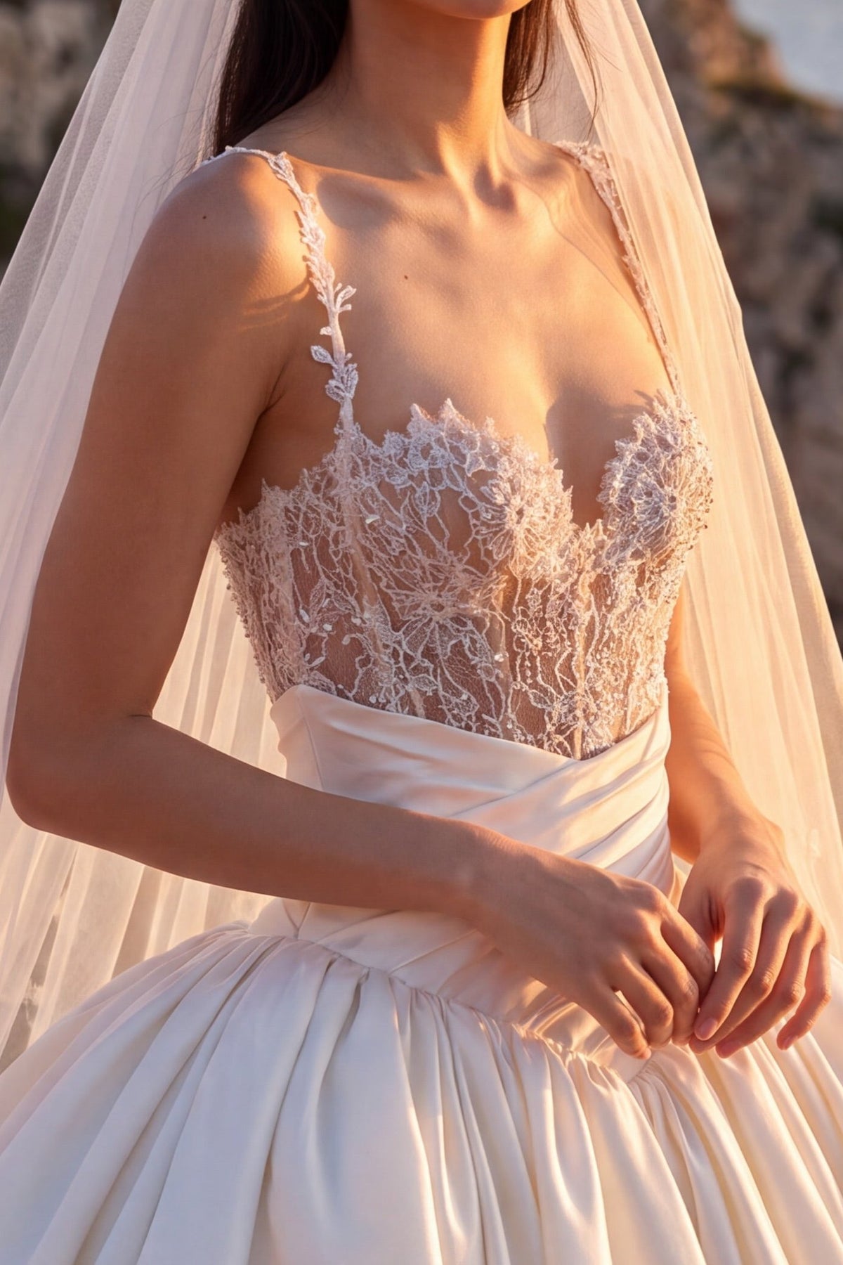Lace Bodice Ball Gown Wedding Dress with Spaghetti Straps
