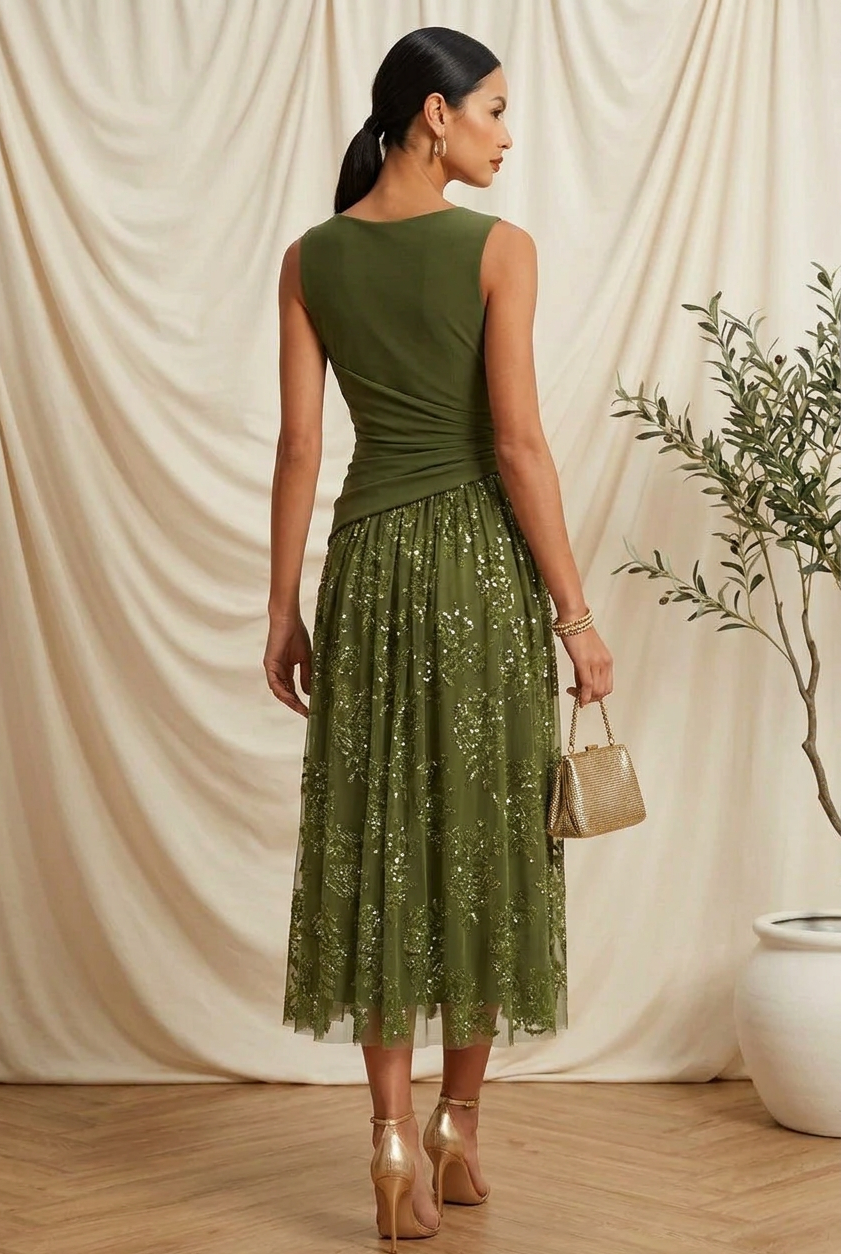 Cowl Back Midi Dress with Sequin Mesh Skirt