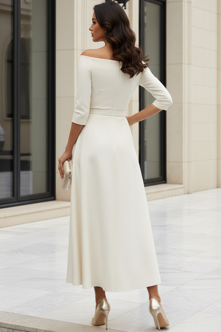 Off-the-Shoulder A-Line Crepe Midi Dress with Belt