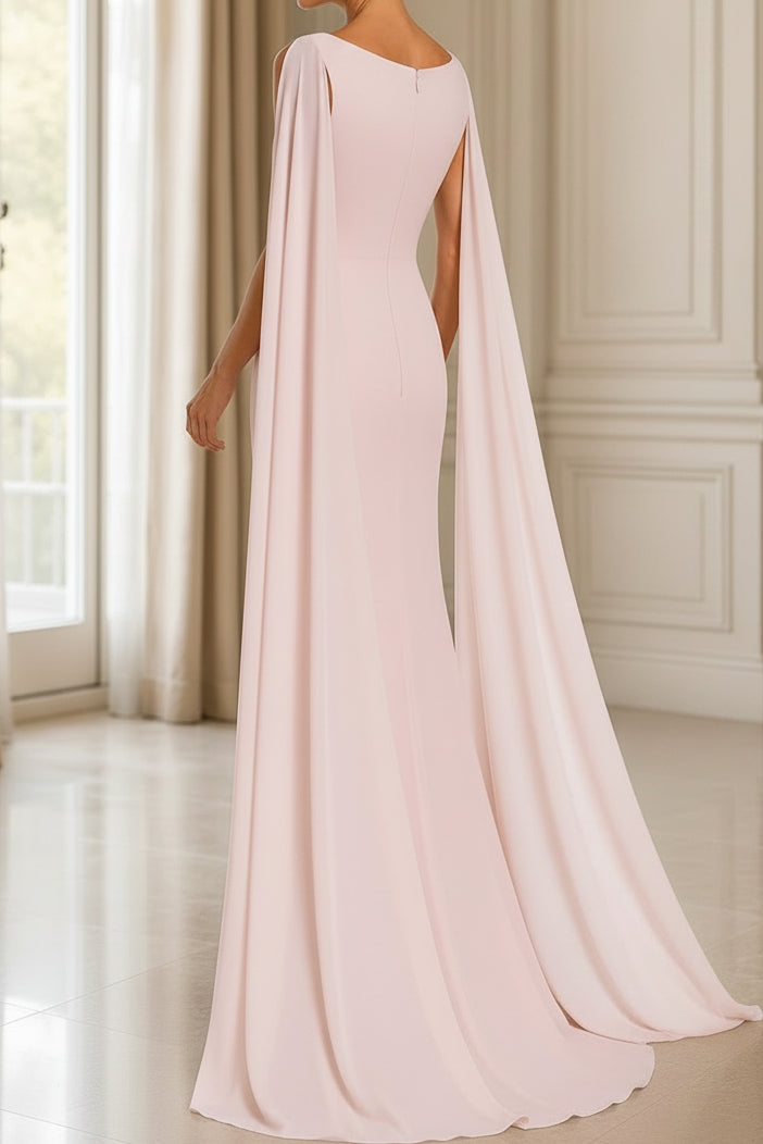 Pearl Beaded Cape Sleeve Column Evening Gown