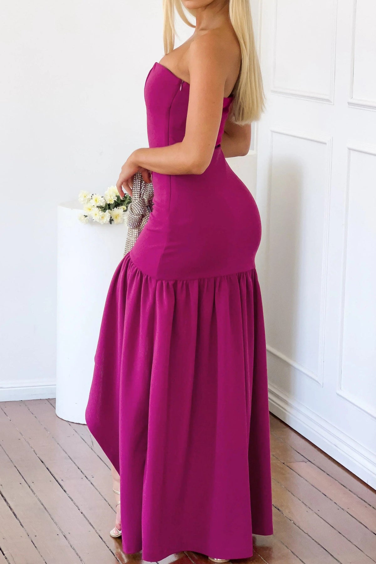 Strapless High-Slit Maxi Dress with Flounce Hem