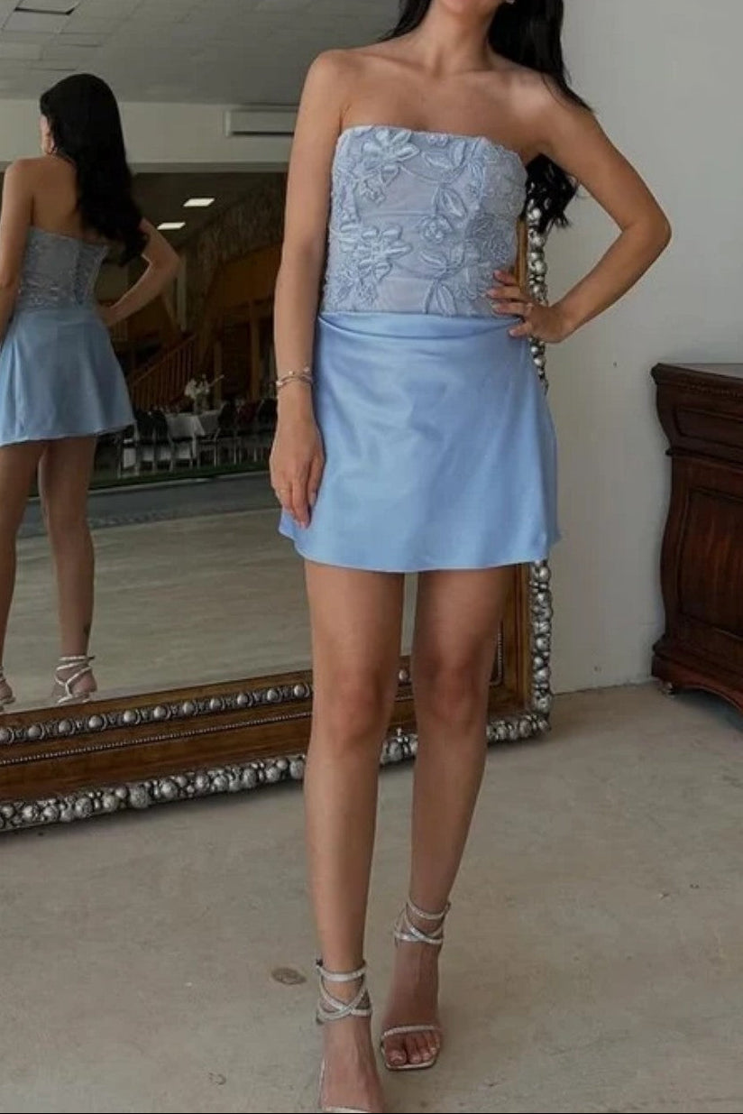 Strapless Lace Bodice Satin Mini Dress